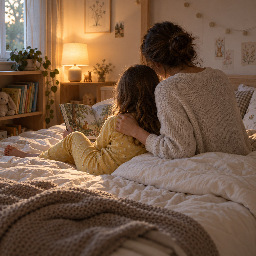 Scene de coucher : un adulte vu de dos, assis au bord d un lit, penche vers un enfant en pyjama jaune qui regarde un album illustre, dans une chambre eclairee par une lampe