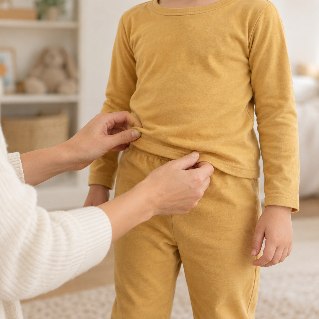 Gros plan sur deux mains d adulte ajustant le bas d un haut de pyjama jaune porte par un enfant debout, dans un interieur clair et flou